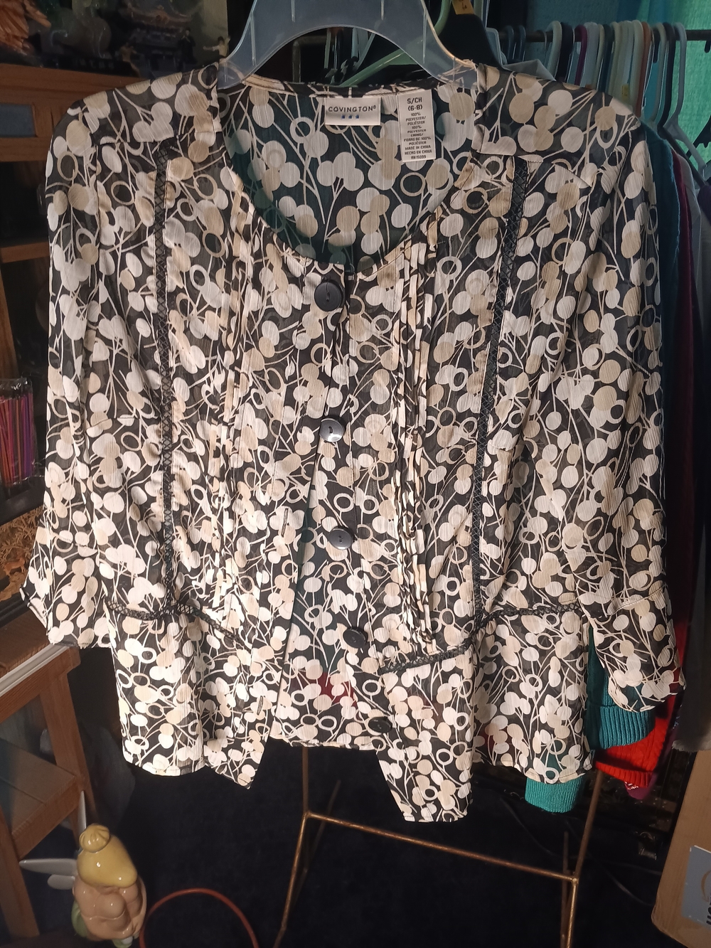 Covington Black and Cream Floral Button-Front Blouse